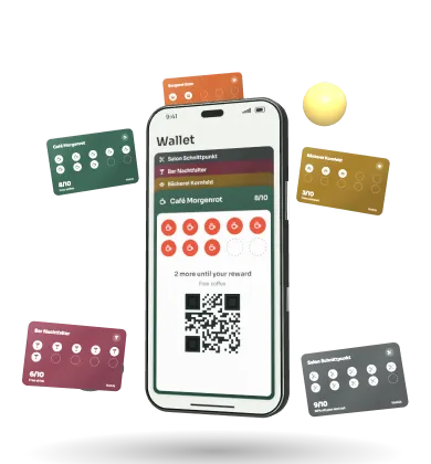 Thekla loyalty cards for a café, a bakery, a bar and other shops float around a smartphone, where a stamp card in the wallet fills up.