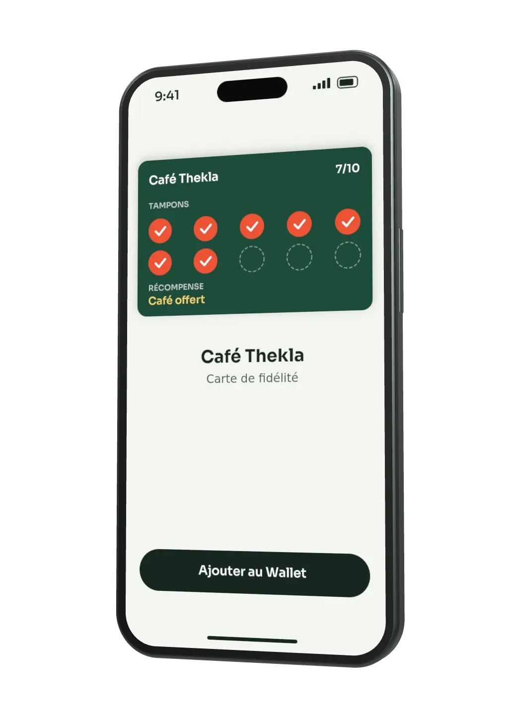 Téléphone montrant la carte de fidélité du Café Thekla avec le bouton « Ajouter au Wallet »